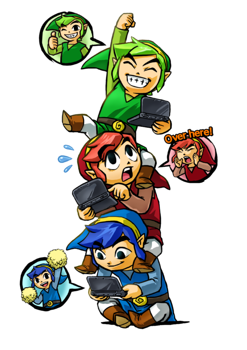 Les trois Link, jouant à la 3DS en position Totem (Artwork - Link - Tri Force Heroes)