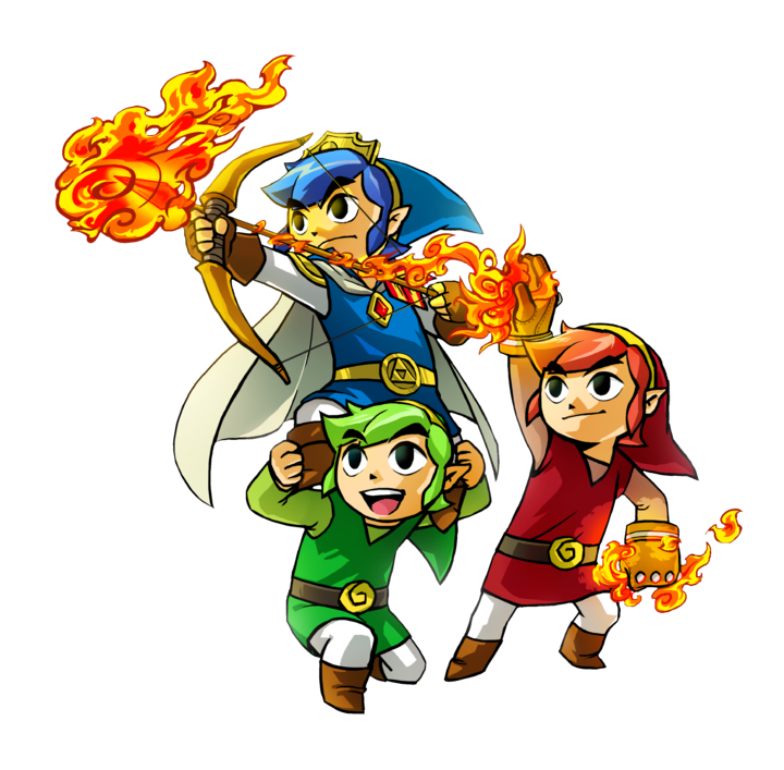 Link Rouge, Link Vert et Link Bleu s’entraidant pour tirer une flèche enflammée (Artwork - Link - Tri Force Heroes)