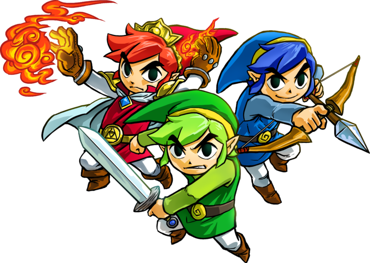 Link Rouge, Link Vert et Link Bleu prêts au combat (Artwork - Link - Tri Force Heroes)