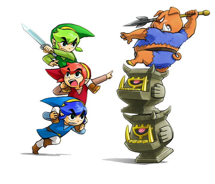 Les trois Link combattant en formation Totem (Artwork - Link - Tri Force Heroes)