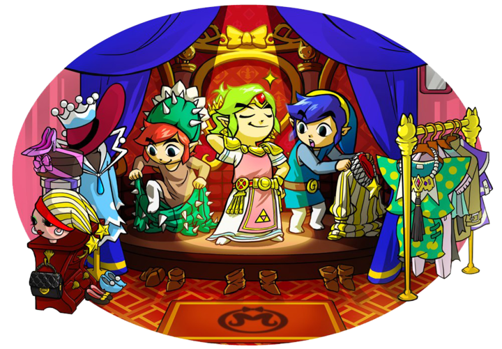 Les trois Link essayant leurs tenues (Artwork - Scènes et lieux - Tri Force Heroes)