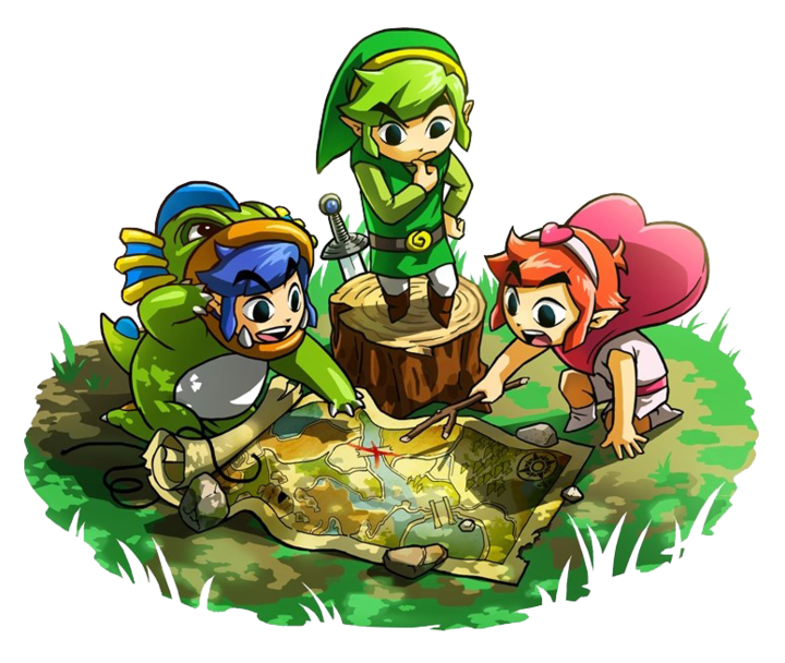 Les trois Link étudiant une carte (Artwork - Scènes et lieux - Tri Force Heroes)