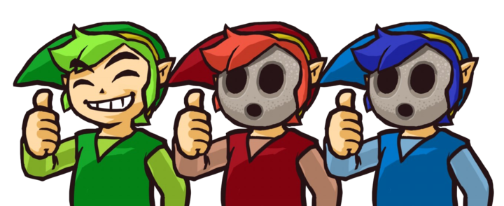 Link vert et deux pantins sont d’accord (Artwork - Emotes - Tri Force Heroes)