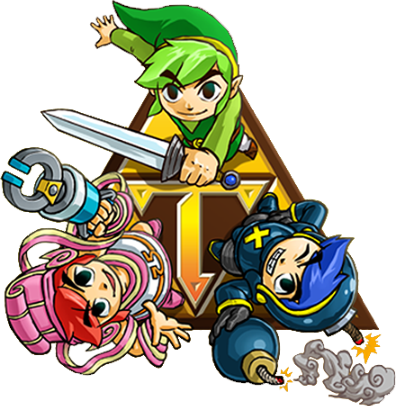 Les trois Link et le logo de Tri Force Heroes (Artwork - Link - Tri Force Heroes)