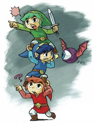 Les trois Link en totem et un Chasupa (Artwork - Scènes et lieux - Tri Force Heroes)