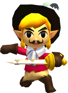 Link posant avec le Mousquetourne (Artwork - Les tenues - Tri Force Heroes)