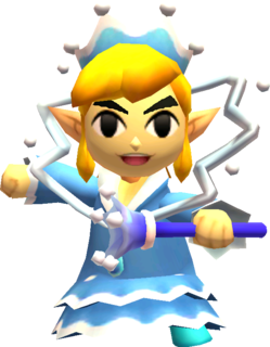 Link posant avec l’Aquarobe (Artwork - Les tenues - Tri Force Heroes)