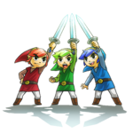 Link Rouge, Link Vert et Link Bleu brandissant leurs épées