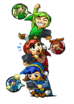 Les trois Link, jouant à la 3DS en position Totem