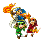 Link Rouge, Link Vert et Link Bleu s’entraidant pour tirer une flèche enflammée