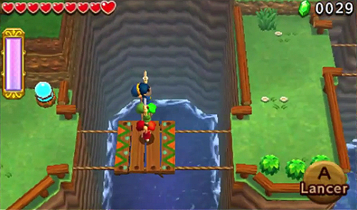 Traversé d'une passerelle en formation Totem (Screenshot - Captures d’écran- Tri Force Heroes)