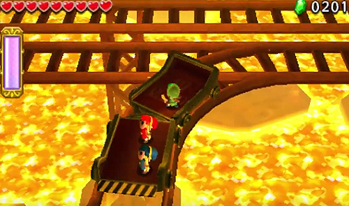 Les trois Link, dans un wagon au-dessus de la lave (Screenshot - Captures d’écran- Tri Force Heroes)