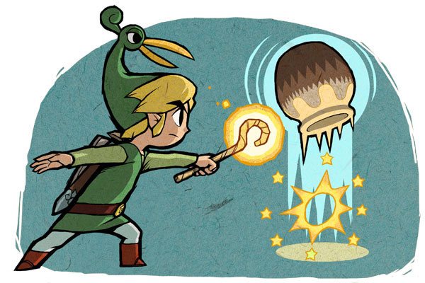 Link utilisant le Bâton Sauteur (Artwork - Artworks de Link - The Minish Cap)