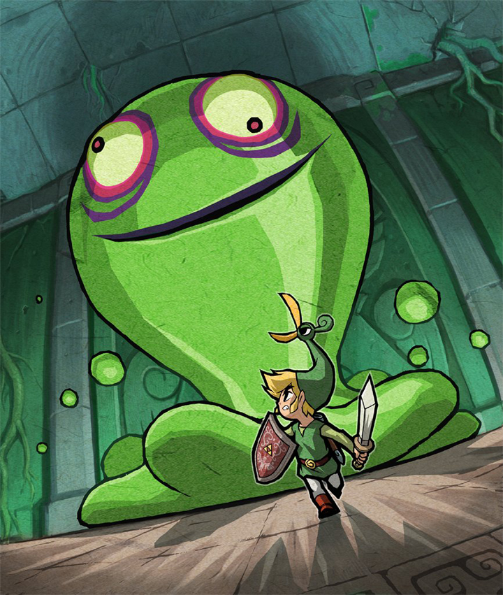 Link fuyant un Blob Vert lui semblant gigantesque (Artwork - Illustrations - The Minish Cap)