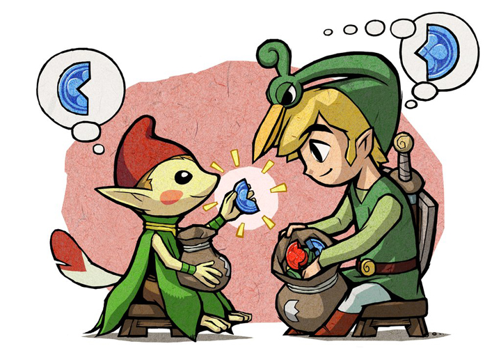Link et un Minish échangeant un Fragment du Bonheur (Artwork - Autres personnages - The Minish Cap)