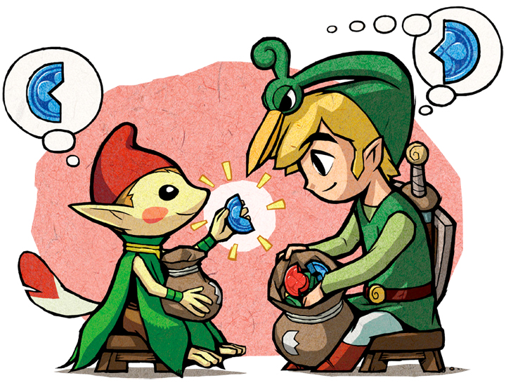 Link et un Minish échangeant un Fragment du Bonheur (Artwork - Autres personnages - The Minish Cap)