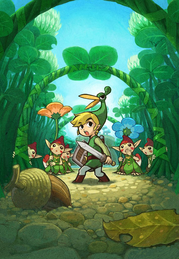 Link, Exelo et des Minish surpris dans la forêt de Tyloria (Artwork - Illustrations - The Minish Cap)