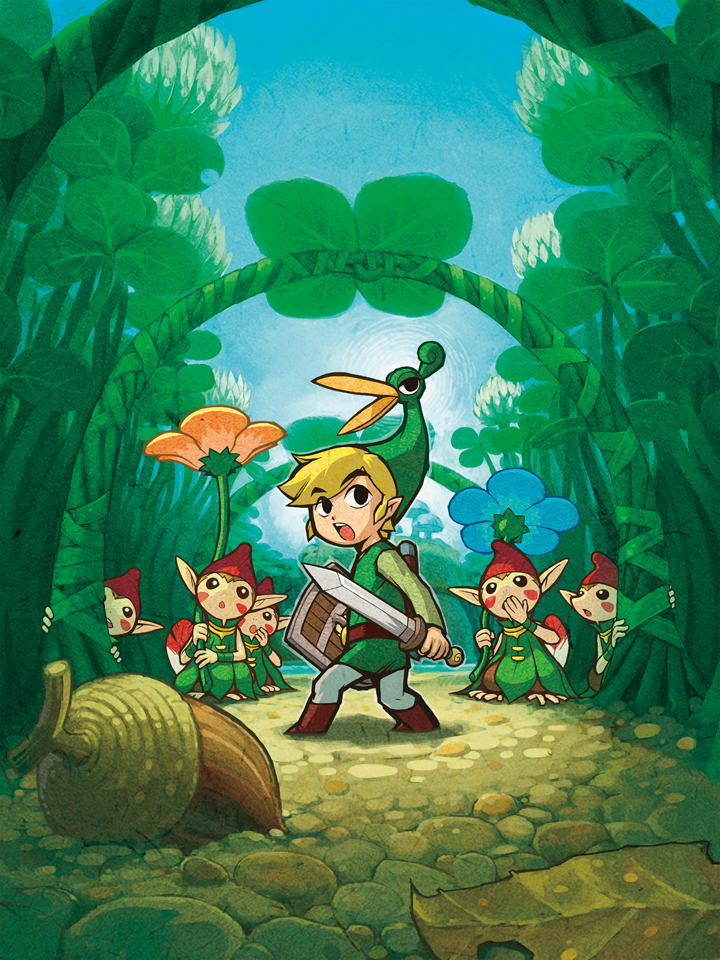 Link, Exelo et des Minish surpris dans la forêt de Tyloria (Artwork - Illustrations - The Minish Cap)