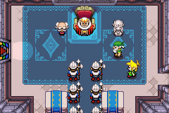 Link, la statue de Zelda et le roi, dans la salle du trône (Screenshot - The Minish Cap)
