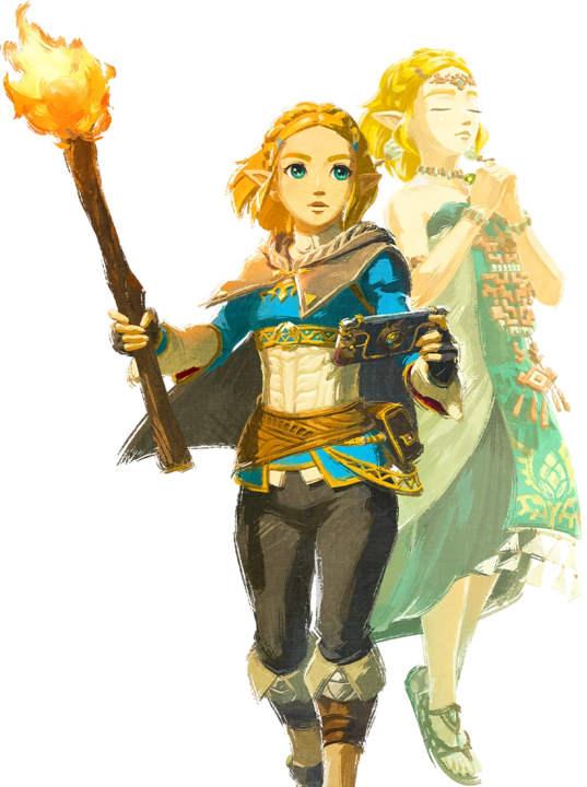 Zelda tenant sa torche et Zelda apparaissant à Link dans sa tenue soneau (Artwork - Personnages principaux - Tears of the Kingdom)
