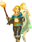 Zelda tenant sa torche et Zelda apparaissant à Link dans sa tenue soneau