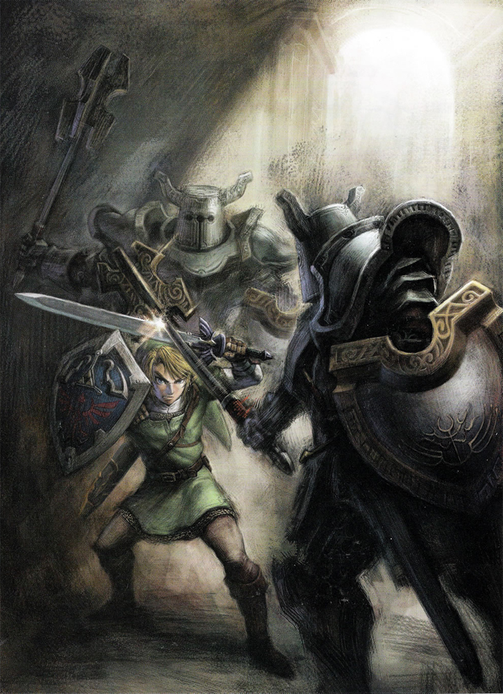 Link affrontant deux Darknuts (Artwork - Illustrations - Twilight Princess)