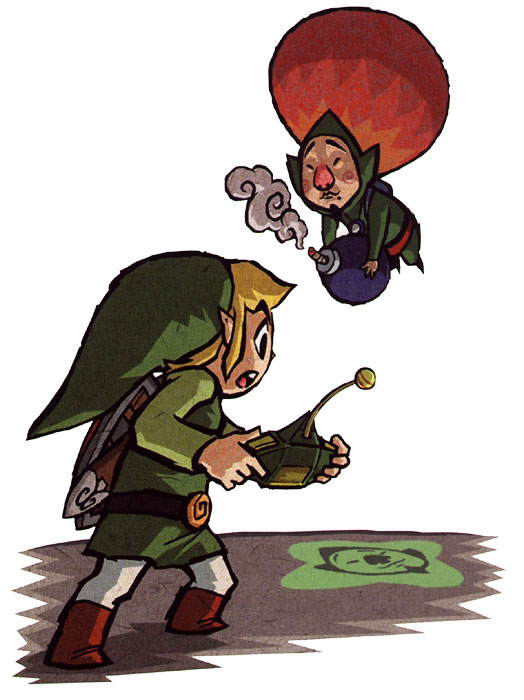 Link contrôlant le dépôt d'une bombe à l'aide Tingle (Artwork - Personnages - The Wind Waker)