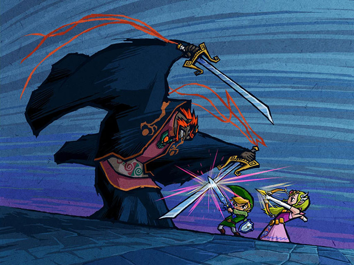 Combat final entre Ganondorf, Link et la princesse Zelda (Artwork - Illustrations - The Wind Waker)