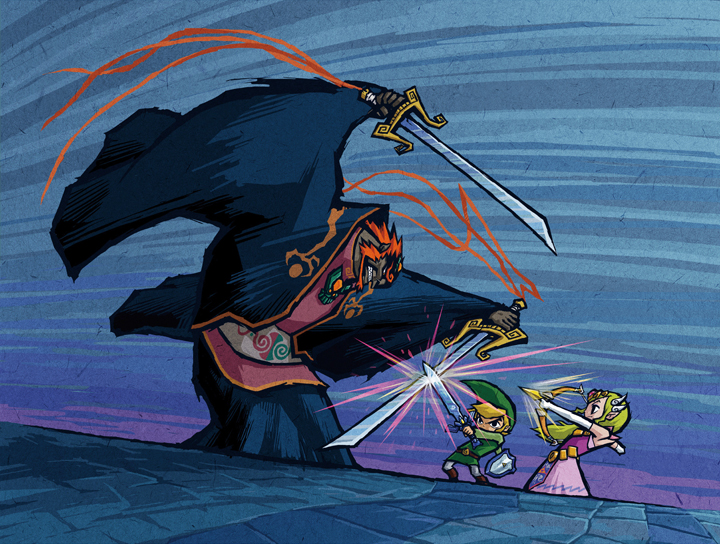 Combat final entre Ganondorf, Link et la princesse Zelda (Artwork - Illustrations - The Wind Waker)