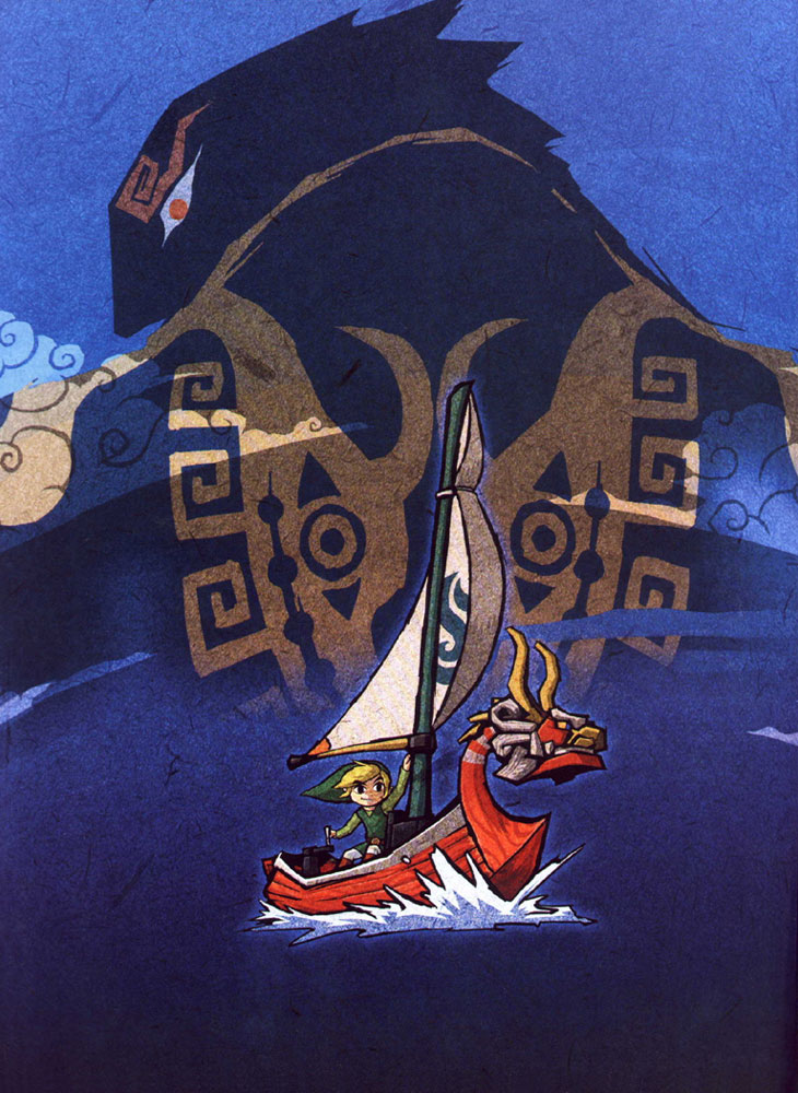 Link voguant sur le Lion Rouge menacé par l'ombre de Ganondorf (Artwork - Illustrations - The Wind Waker)