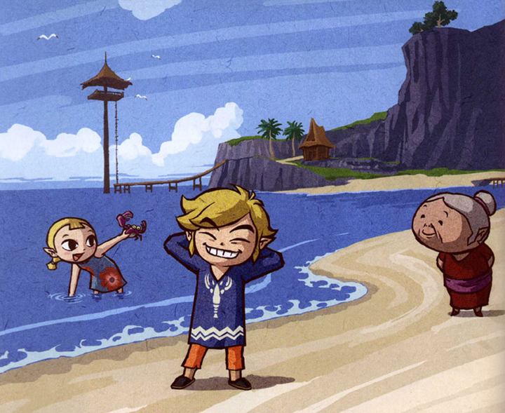 Link sur l'île de l'Aurore avec sa famille (Artwork - Illustrations - The Wind Waker)