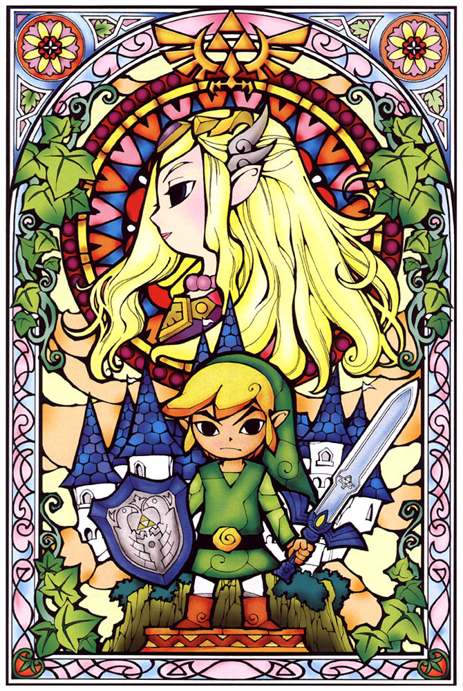 Vitraux représentant Link protégeant la princesse Zelda (Artwork - Illustrations - The Wind Waker)