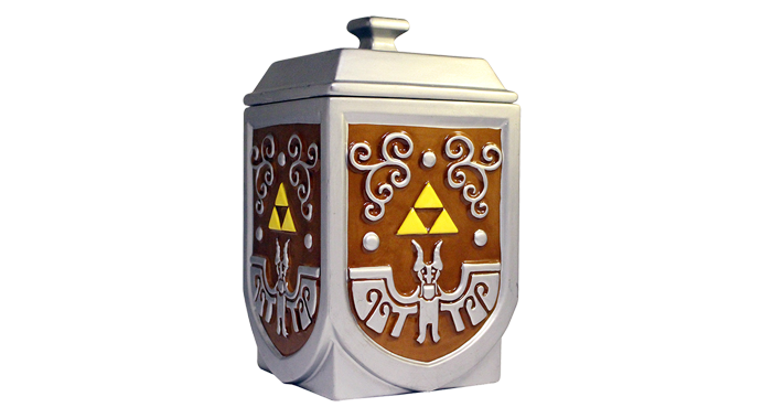 Boîte à cookie Zelda en forme de jarre et reprenant le motif du bouclier de The Wind Waker