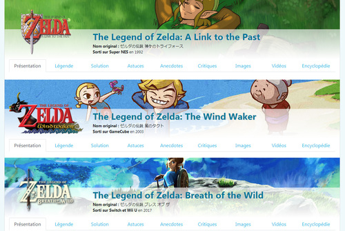 Exemples d'en-tête des pages illustrant les jeux de la série Zelda sur Puissance-Zelda