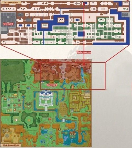La carte de The Legend of Zelda, au sud de la carte de The Adventure of Link