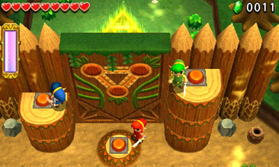 Capture d'écran de Tri Force Heroes : exemple d'interaction à trois joueurs